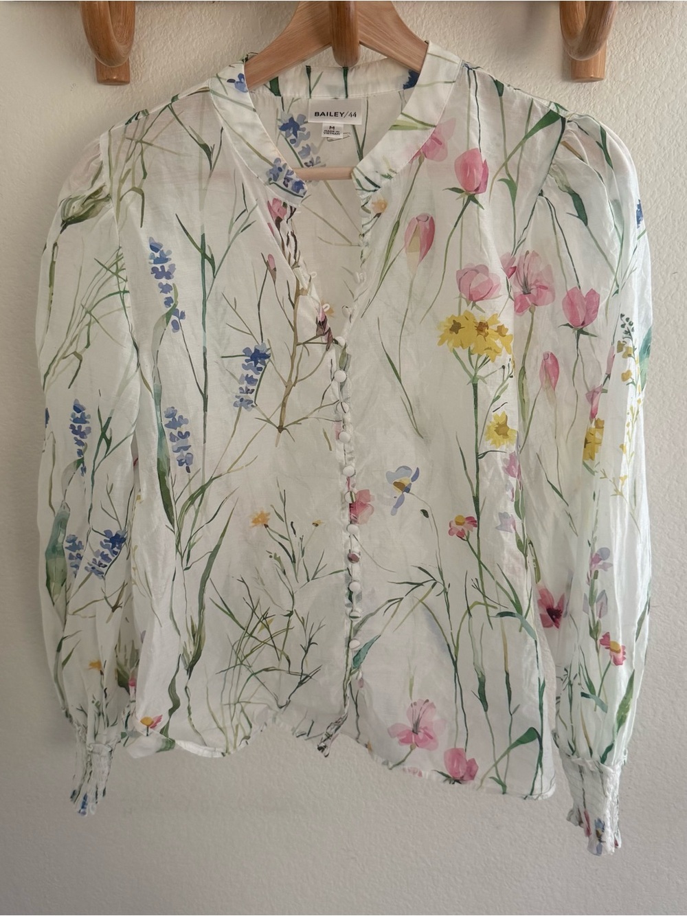 Bailey 44 feminine garden romantic pink floral button up shirt Size M semi sheer